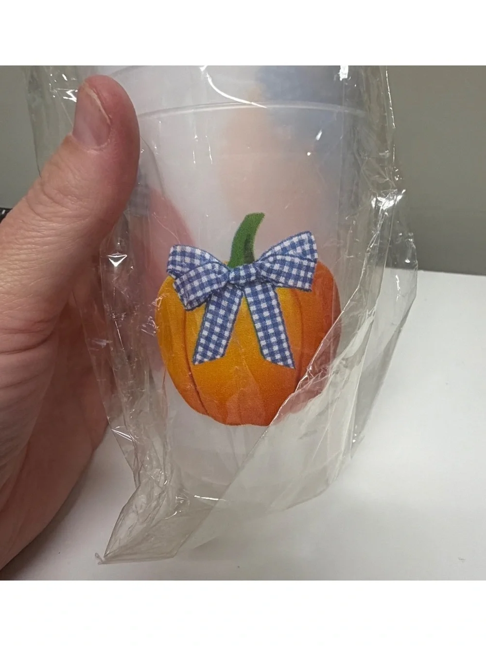 WH Hostess Pumpkin Gingham Bow Shatterproof Cups Set of 8 16 oz Fall